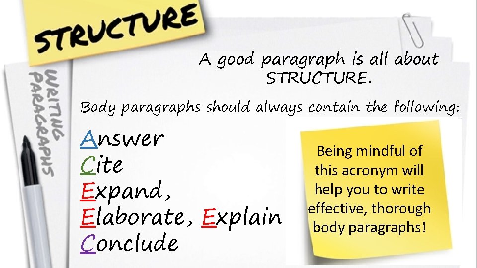 A good paragraph is all about STRUCTURE. Body paragraphs should always contain the following: A good paragraph is all about STRUCTURE. Body paragraphs should always contain the following: