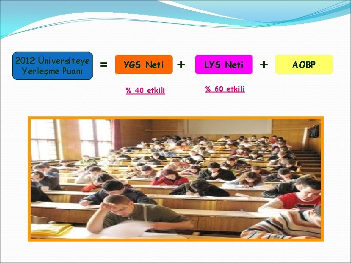 2012 Üniversiteye Yerleşme Puanı = YGS Neti % 40 etkili + LYS Neti %