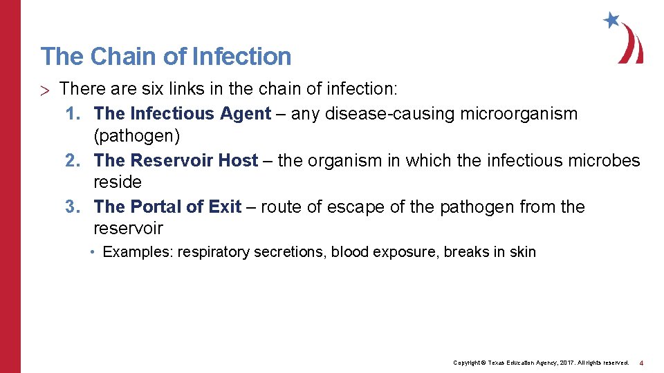 The Chain of Infection > There are six links in the chain of infection: