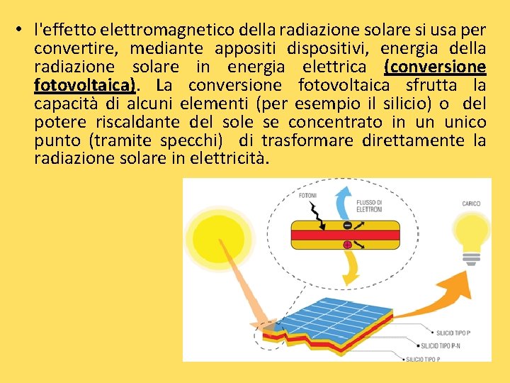  • l'effetto elettromagnetico della radiazione solare si usa per convertire, mediante appositi dispositivi,