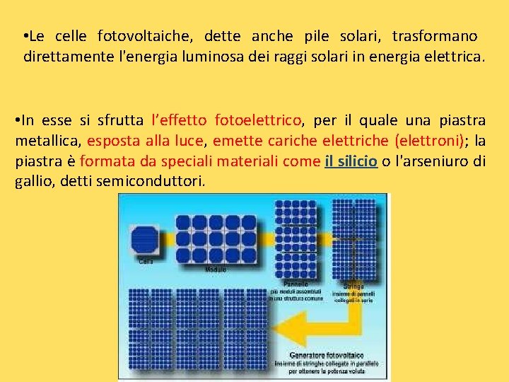  • Le celle fotovoltaiche, dette anche pile solari, trasformano direttamente l'energia luminosa dei