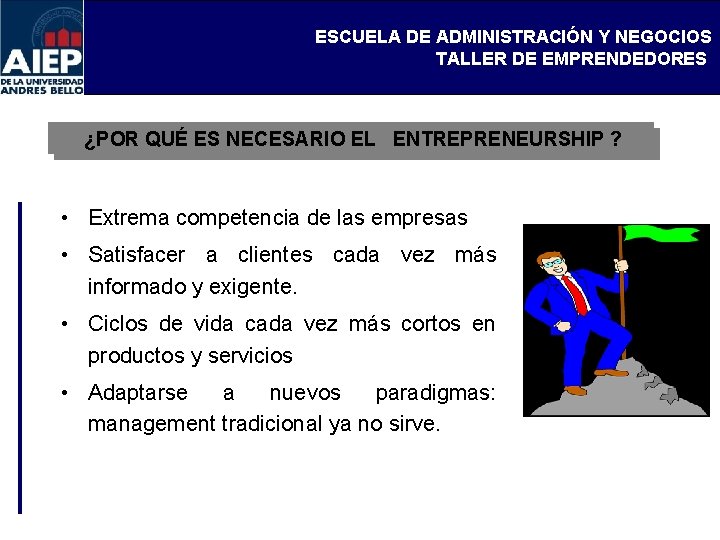 ESCUELA DE ADMINISTRACIÓN Y NEGOCIOS TALLER DE EMPRENDEDORES ¿POR QUÉ ES NECESARIO EL ENTREPRENEURSHIP