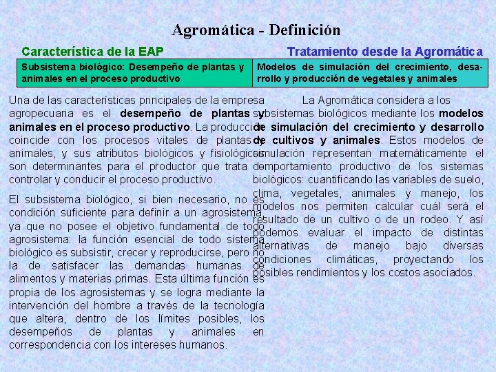 Agromática - Definición Característica de la EAP Subsistema biológico: Desempeño de plantas y animales