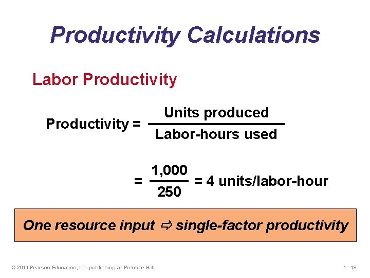 Productivity Calculations Labor Productivity Units produced Productivity = = Labor-hours used 1, 000 250