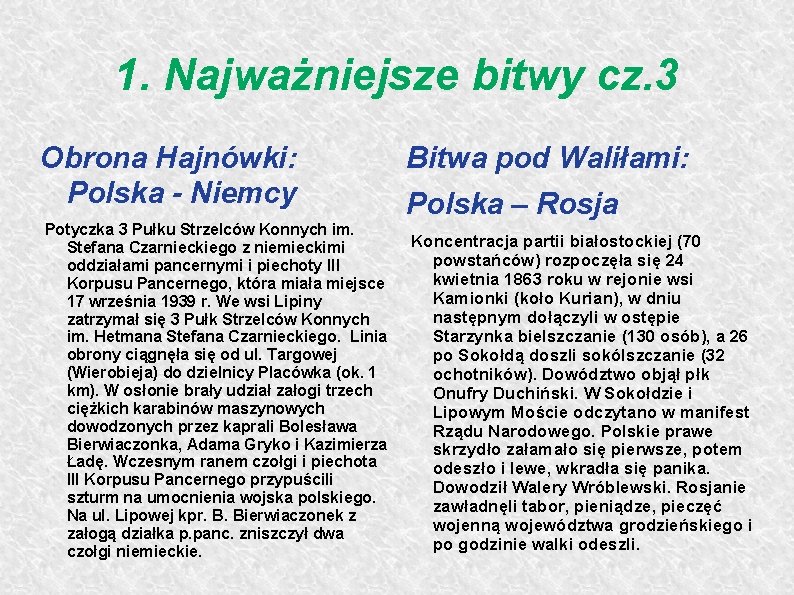 1. Najważniejsze bitwy cz. 3 Obrona Hajnówki: Polska - Niemcy Potyczka 3 Pułku Strzelców