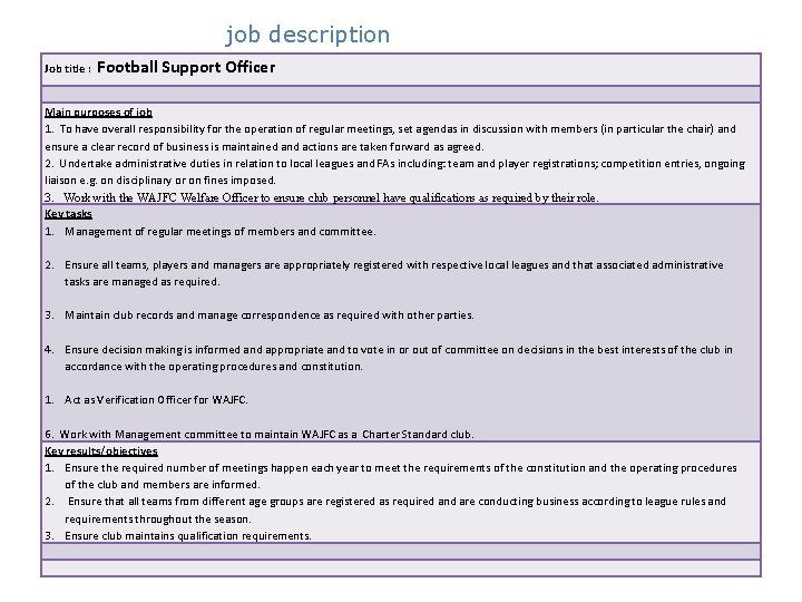 job description Job title : Football Support Officer Main purposes of job 1. To