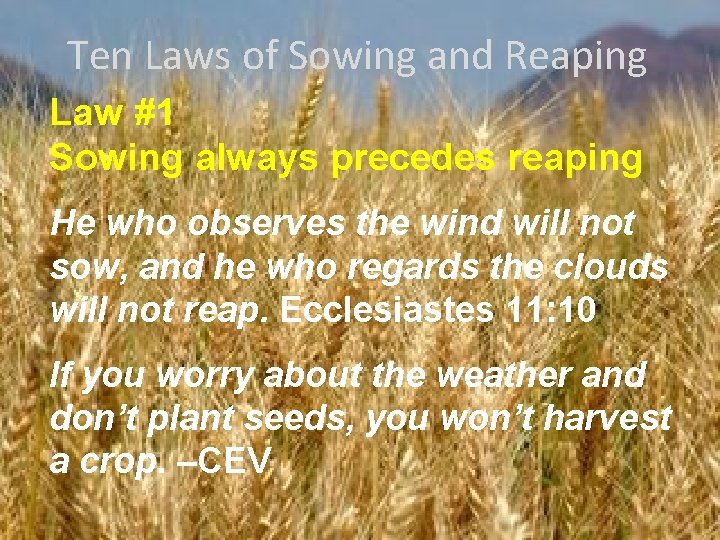 Ten The Laws of of Sowing and Reaping Law #1 Sowing always precedes reaping