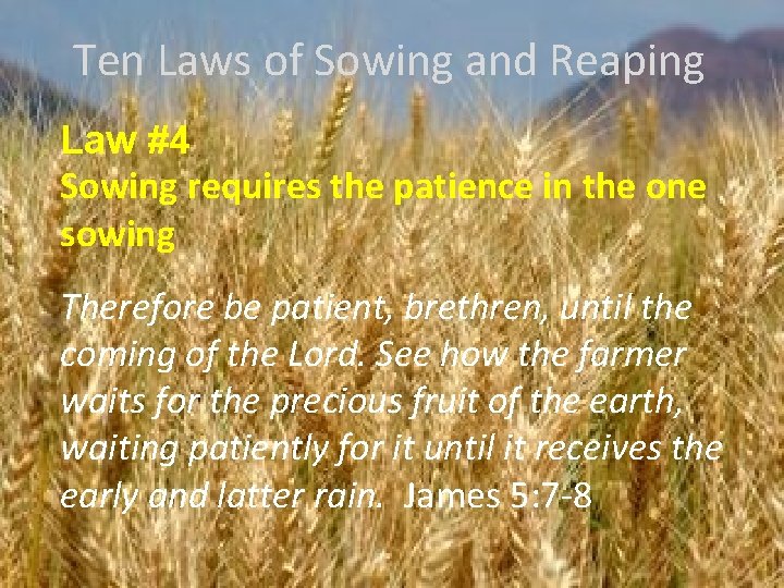 Ten Laws of Sowing and Reaping Law #4 Sowing requires the patience in the