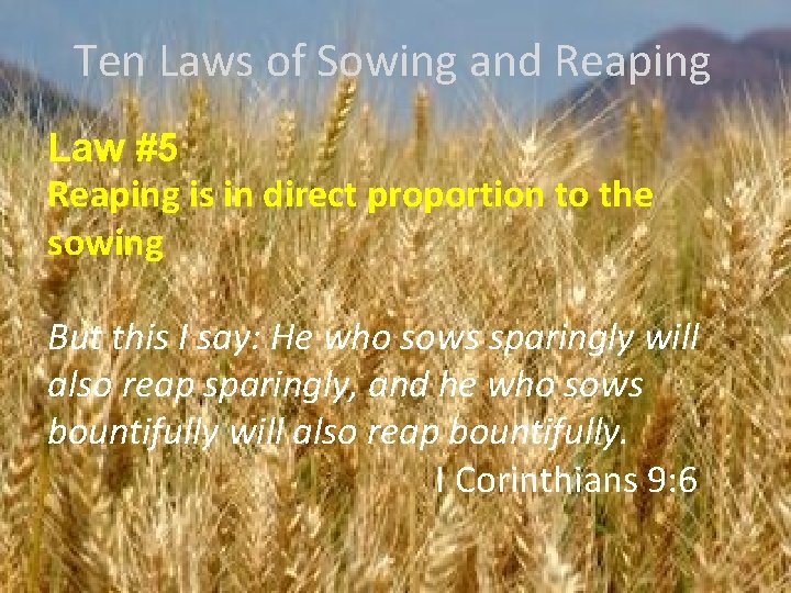 Ten Laws of Sowing and Reaping Law #5 Reaping is in direct proportion to