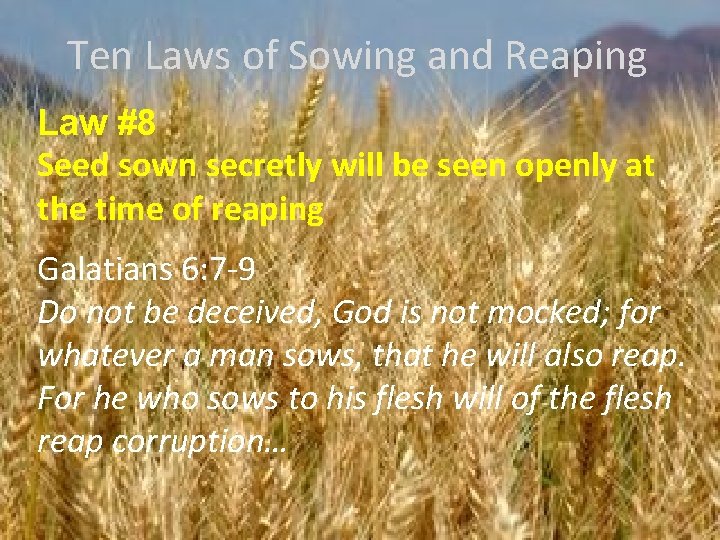 Ten Laws of Sowing and Reaping Law #8 Seed sown secretly will be seen