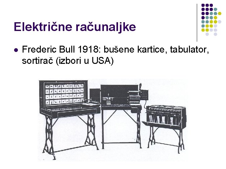 Električne računaljke l Frederic Bull 1918: bušene kartice, tabulator, sortirač (izbori u USA) 