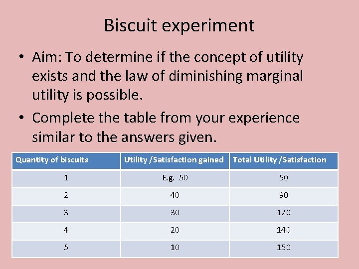 Biscuit experiment • Aim: To determine if the concept of utility exists and the