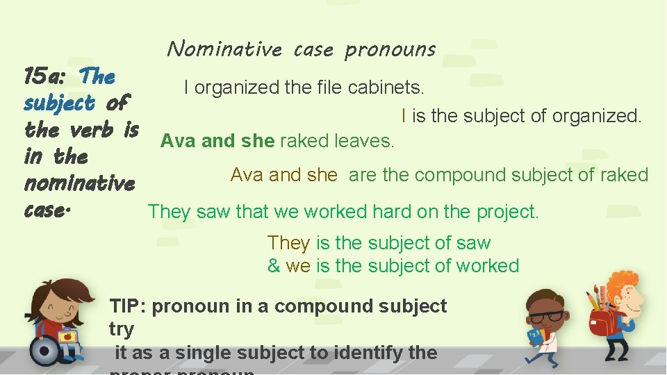 Nominative case pronouns 15 a: The I organized the file cabinets. subject of I