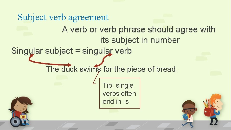 Subject verb agreement A verb or verb phrase should agree with its subject in