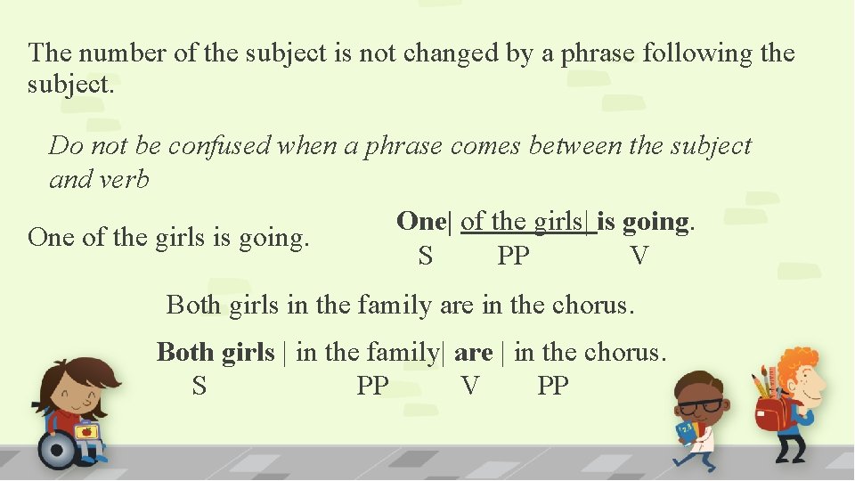 The number of the subject is not changed by a phrase following the subject.