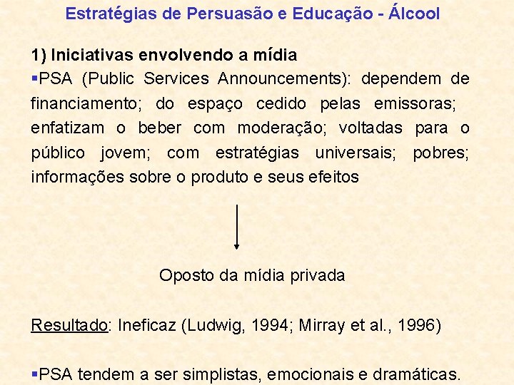 Estratégias de Persuasão e Educação - Álcool 1) Iniciativas envolvendo a mídia §PSA (Public