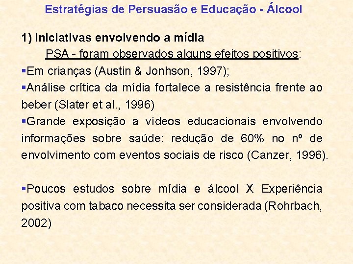 Estratégias de Persuasão e Educação - Álcool 1) Iniciativas envolvendo a mídia PSA -