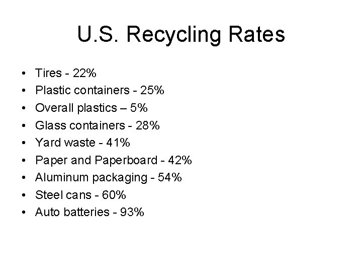 U. S. Recycling Rates • • • Tires - 22% Plastic containers - 25%