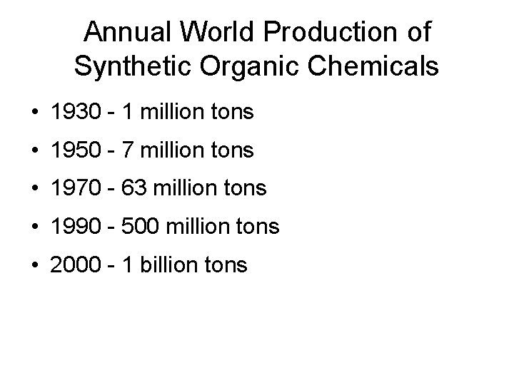 Annual World Production of Synthetic Organic Chemicals • 1930 - 1 million tons •