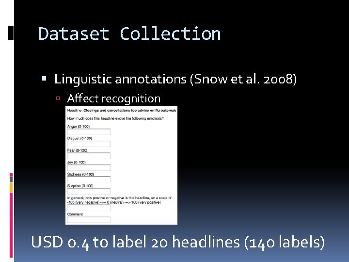 Dataset Collection Linguistic annotations (Snow et al. 2008) Affect recognition USD 0. 4 to Dataset Collection Linguistic annotations (Snow et al. 2008) Affect recognition USD 0. 4 to