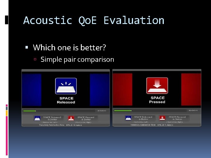 Acoustic Qo. E Evaluation Which one is better? Simple pair comparison Acoustic Qo. E Evaluation Which one is better? Simple pair comparison