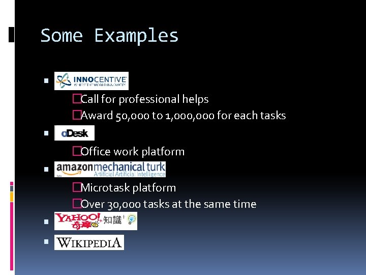 Some Examples �Call for professional helps �Award 50, 000 to 1, 000 for each Some Examples �Call for professional helps �Award 50, 000 to 1, 000 for each