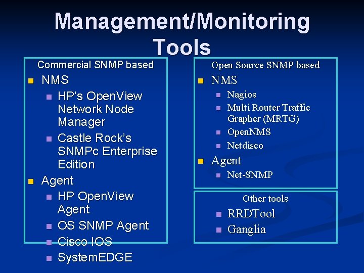 Management/Monitoring Tools Commercial SNMP based n n NMS n HP’s Open. View Network Node