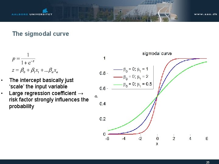 The sigmodal curve • • The intercept basically just ‘scale’ the input variable Large