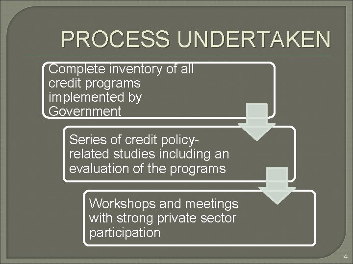 PROCESS UNDERTAKEN Complete inventory of all credit programs implemented by Government Series of credit