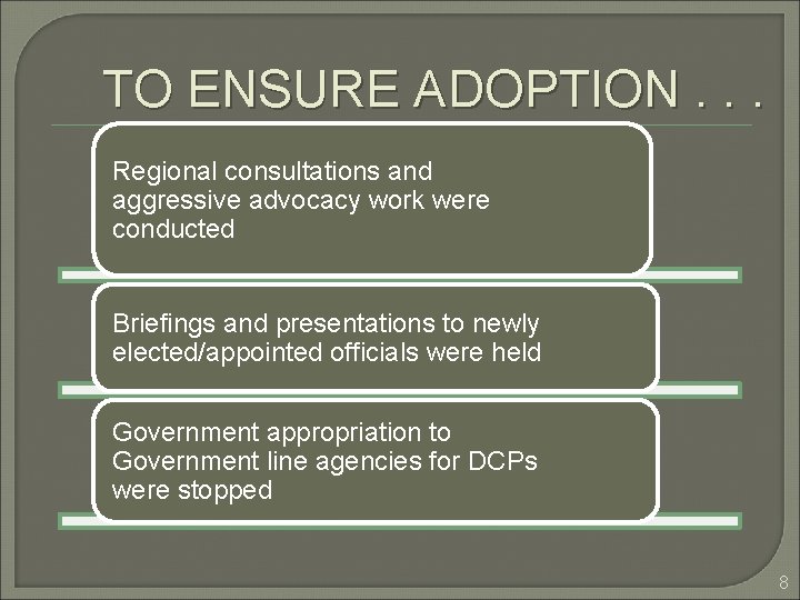 TO ENSURE ADOPTION. . . Regional consultations and aggressive advocacy work were conducted Briefings