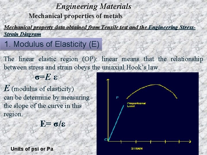 Engineering Materials Mechanical properties of metals Mechanical property data obtained from Tensile test and