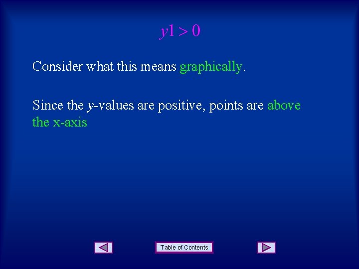 Consider what this means graphically. Since the y-values are positive, points are above the
