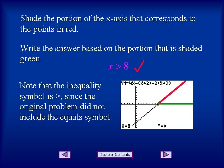 Shade the portion of the x-axis that corresponds to the points in red. Write