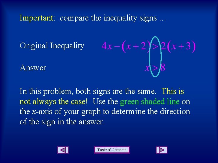 Important: compare the inequality signs … Original Inequality Answer In this problem, both signs
