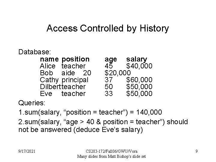 Access Controlled by History Database: name position age salary Alice teacher 45 $40, 000