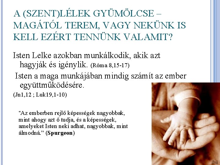 A (SZENT)LÉLEK GYÜMÖLCSE – MAGÁTÓL TEREM, VAGY NEKÜNK IS KELL EZÉRT TENNÜNK VALAMIT? Isten