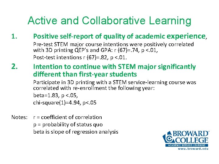 Active and Collaborative Learning 1. Positive self-report of quality of academic experience, 2. Intention