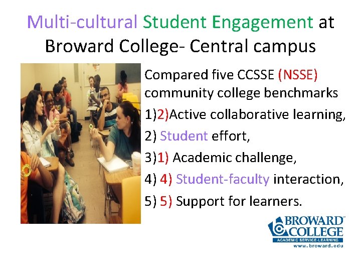 Multi-cultural Student Engagement at Broward College- Central campus Compared five CCSSE (NSSE) community college