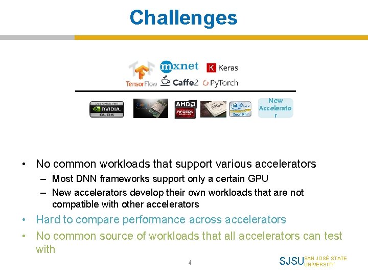 Challenges New Accelerato r • No common workloads that support various accelerators – Most