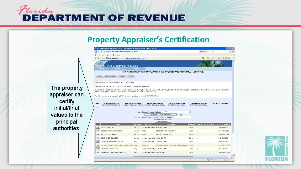 Property Appraiser’s Certification The property appraiser can certify initial/final values to the principal authorities.
