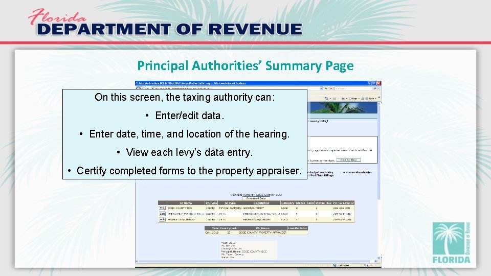 Principal Authorities’ Summary Page On this screen, the taxing authority can: • Enter/edit data.