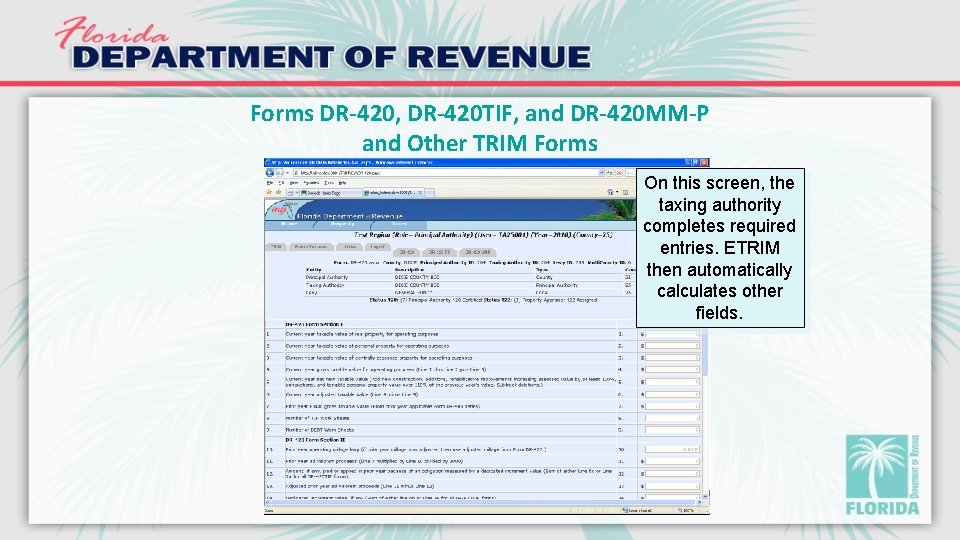 Forms DR-420, DR-420 TIF, and DR-420 MM-P and Other TRIM Forms On this screen,