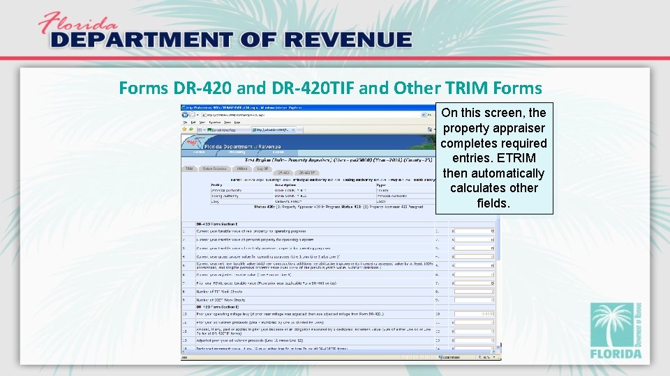 Forms DR-420 and DR-420 TIF and Other TRIM Forms On this screen, the property