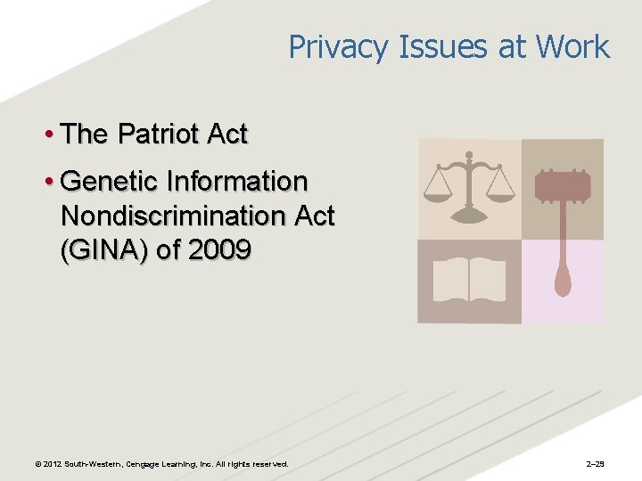Privacy Issues at Work • The Patriot Act • Genetic Information Nondiscrimination Act (GINA)