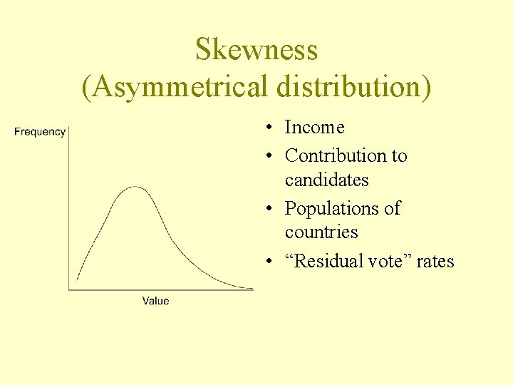 Skewness (Asymmetrical distribution) • Income • Contribution to candidates • Populations of countries •
