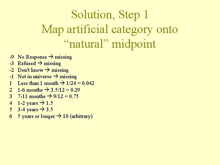 Solution, Step 1 Map artificial category onto “natural” midpoint -9 -3 -2 -1 1