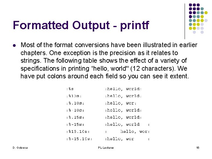 Formatted Output - printf l Most of the format conversions have been illustrated in