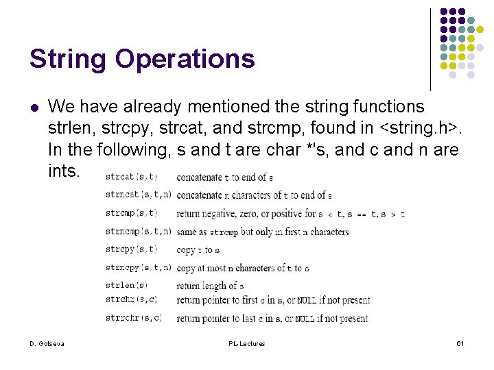 String Operations l We have already mentioned the string functions strlen, strcpy, strcat, and