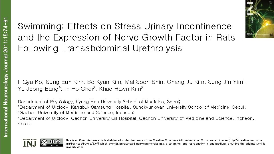 International Neurourology Journal 2011; 15: 74 -81 Swimming: Effects on Stress Urinary Incontinence and