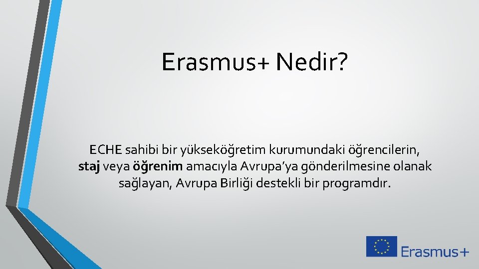 Erasmus+ Nedir? ECHE sahibi bir yükseköğretim kurumundaki öğrencilerin, staj veya öğrenim amacıyla Avrupa’ya gönderilmesine